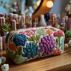Colourful Botanica quilted make-up bag with embroidered dahlias and hydrangeas in pink, blue and purple