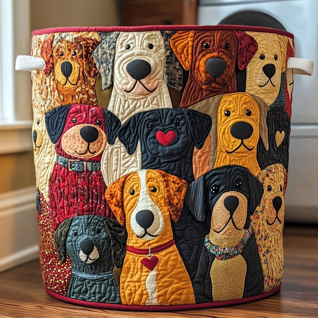 Quilted laundry basket with dogs of every breed in bright colours in the Colourful Dogs design
