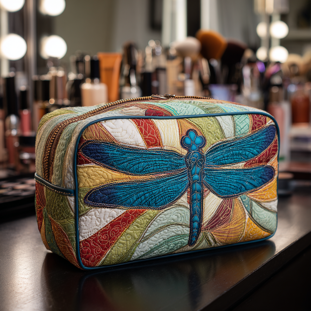 Colourful Dragonfly quilted make-up bag with blue dragonfly over rainbow patchwork rays