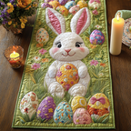 Easter Bunny Meadow quilted table runner – smiling bunny with eggs