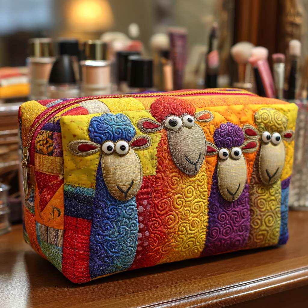Colourful Flock quilted make-up bag with line of rainbow-coloured woolly sheep
