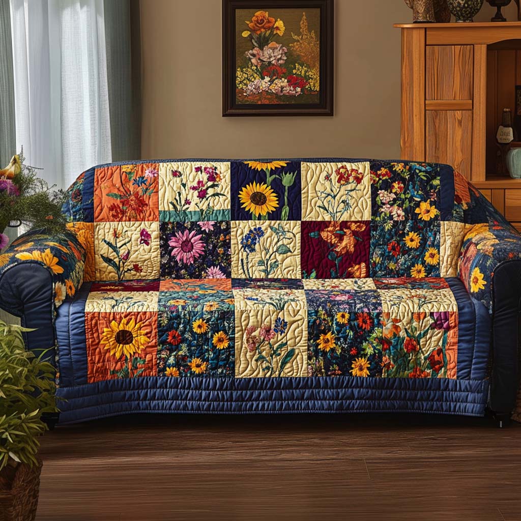 Colourful Petals quilted sofa cover with panels of sunflowers, daisies and poppies on navy, cream and terracotta blocks