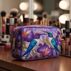 Colourful Wings quilted make-up bag with violet hummingbirds among purple flowers