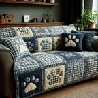 Blue Gingham Paws quilted sofa cover – paw prints with blue gingham