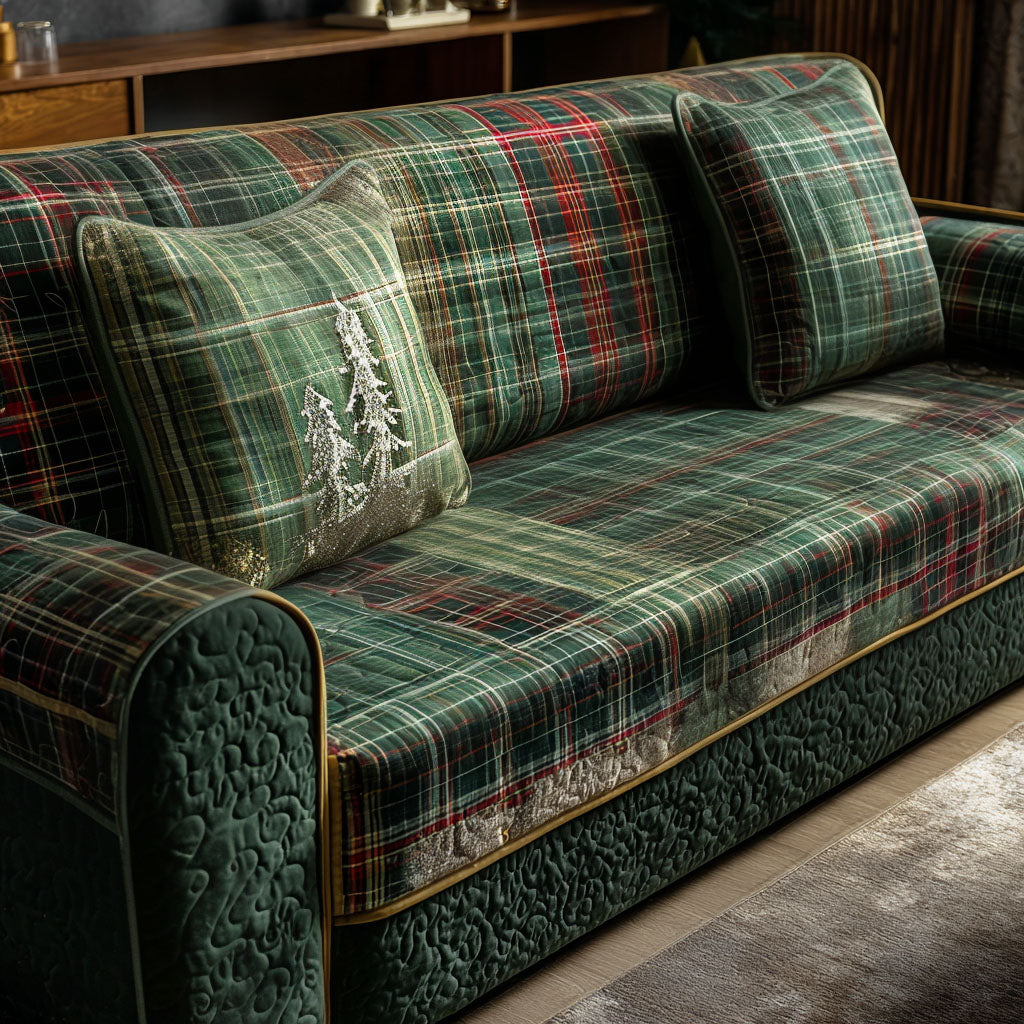 Evergreen Tartan quilted sofa cover – deep green tartan