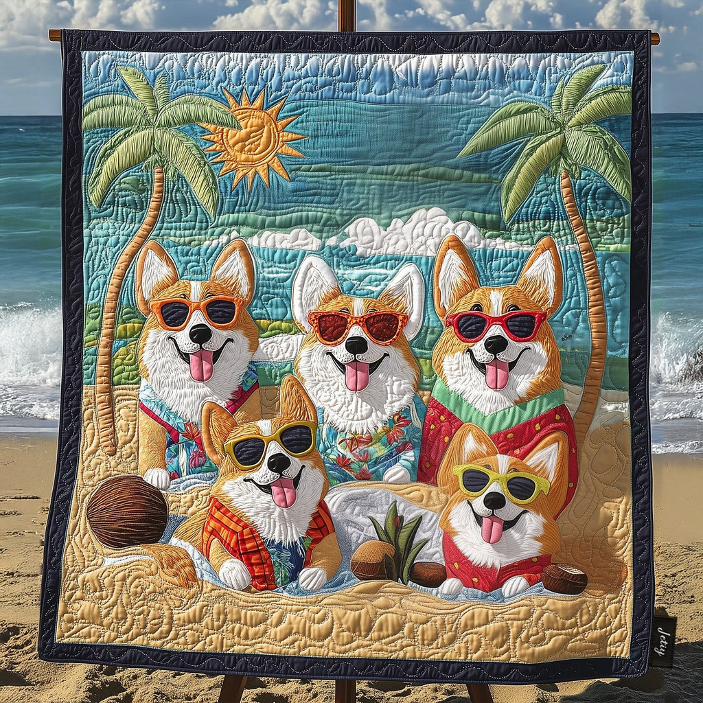 Beach Corgis quilted throw – corgis in sunglasses on a sunny beach