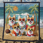Beach Corgis quilted throw – corgis in sunglasses on a sunny beach