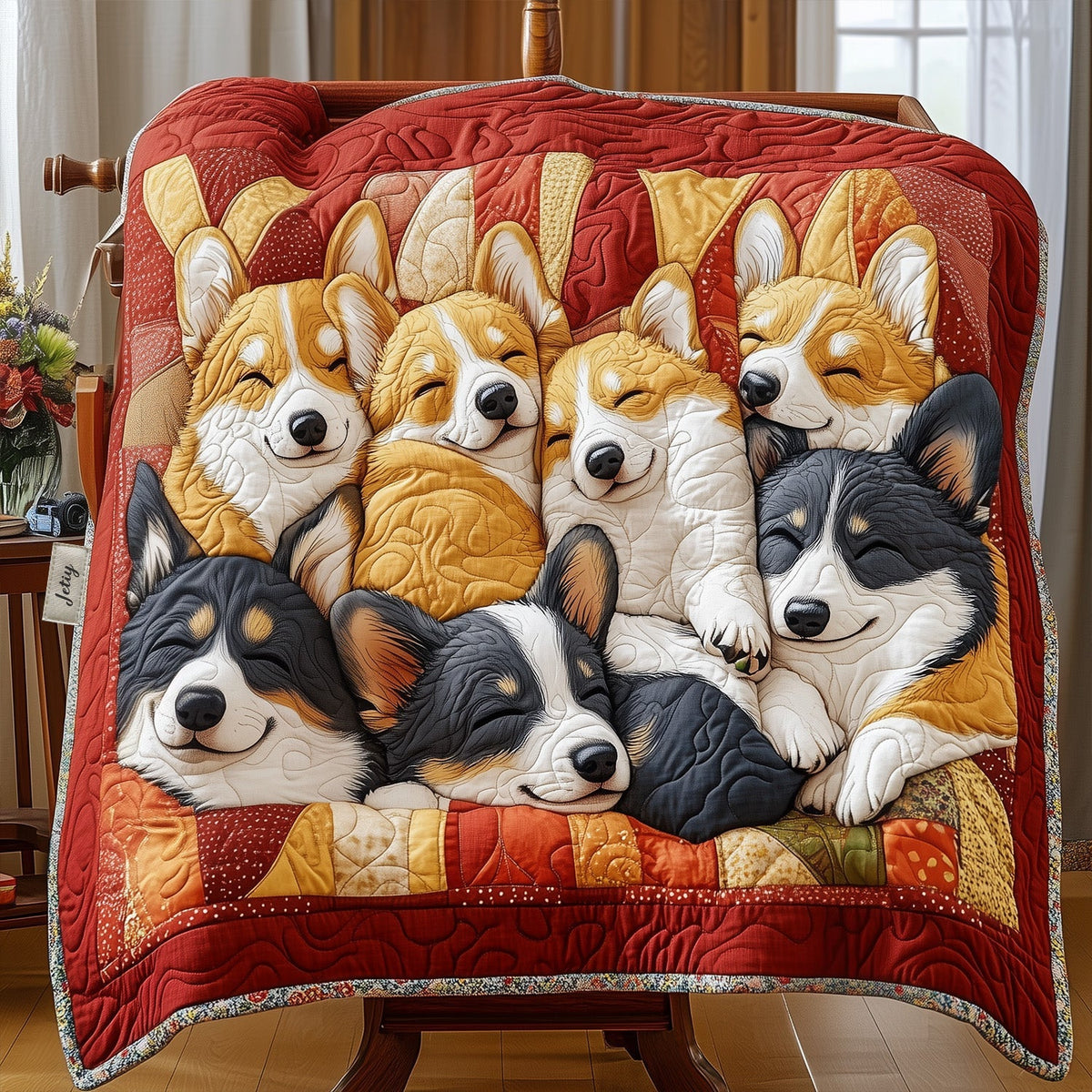 Corgi Cuddle quilted throw – corgi puppies snuggled on red
