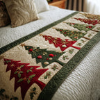 Red and Green Christmas Trees quilted bed runner – red and green Christmas trees on cream