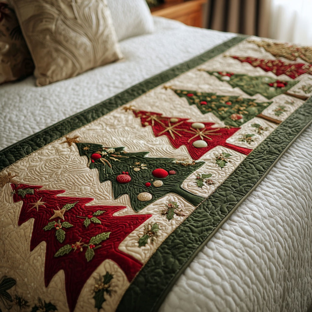 Red and Green Christmas Trees quilted bed runner – red and green Christmas trees on cream