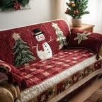 Red Snowman Christmas quilted sofa cover – snowman and tree on red