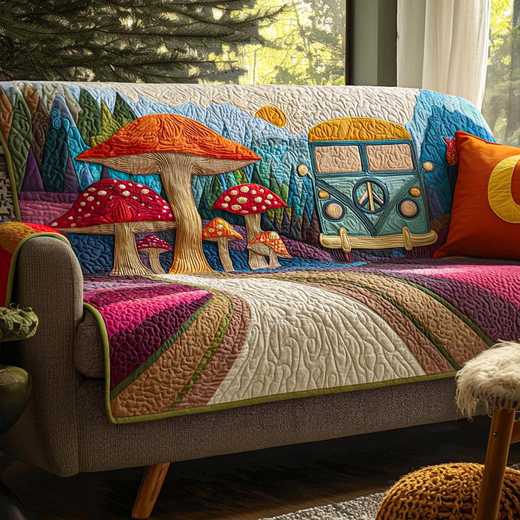 Mushroom Road Trip quilted sofa cover – camper van among giant toadstools