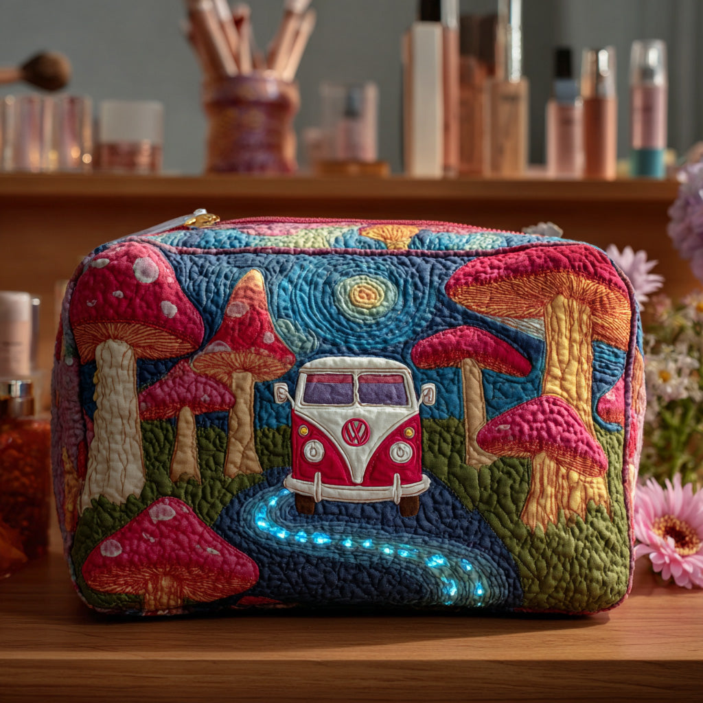 Quilted make-up bag with the Cosmic Hippie Dream design of a classic camper van among daisies, stars and swirling retro skies