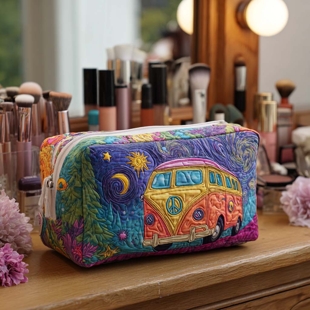 Quilted make-up bag with the Cosmic Road Trip design of camper vans, winding roads and daisies on a starry retro ground in rust and mustard