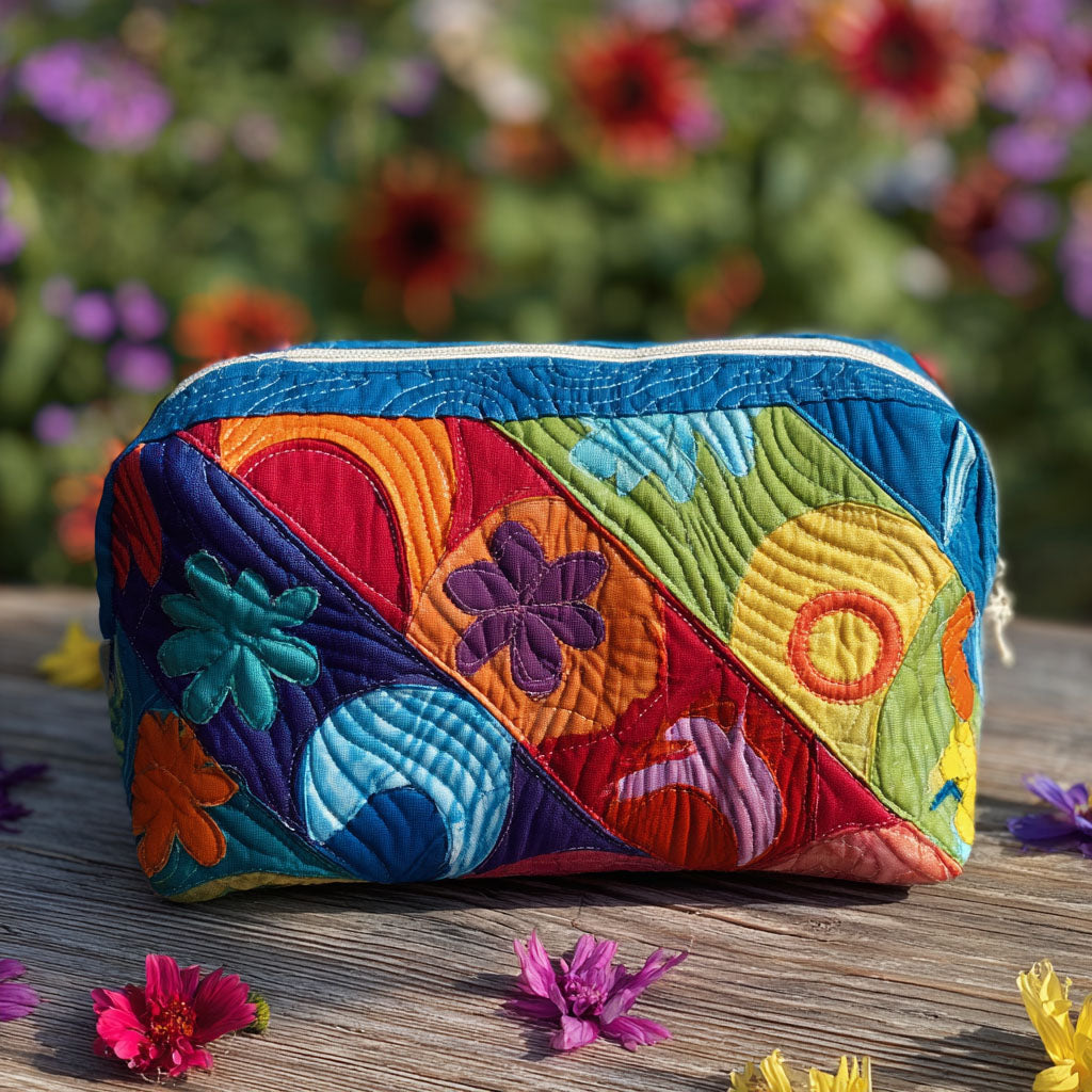 Quilted make-up bag with the Cosmic Twist design of spiralling retro swirls turning through mushrooms and daisy heads in amber, plum and green