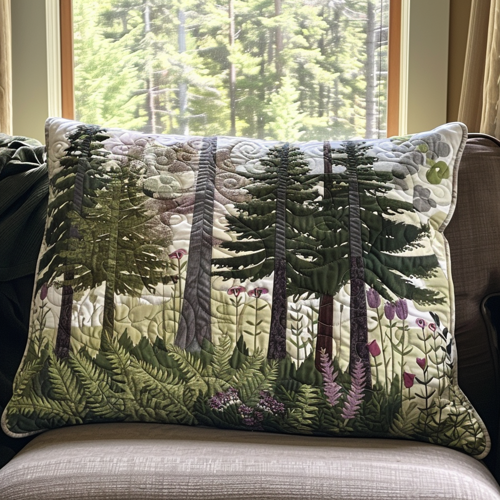 Pine Forest Glade quilted pillowcase – tall pines above a wildflower glade