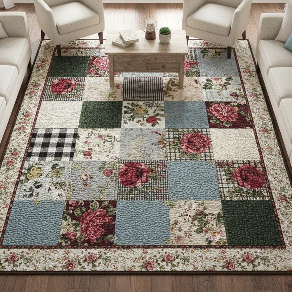 Cottage Patch Bliss rug – rose and gingham patchwork