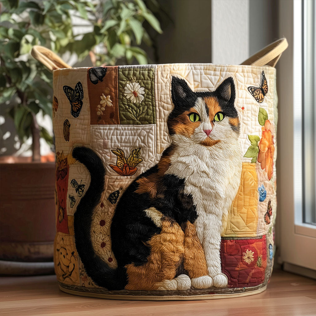 Quilted laundry basket with sleeping cats, teacups and cottage flowers in the Cottage Cat Dreams design