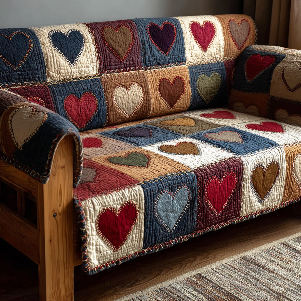 Cottage Warmth quilted sofa cover with a grid of hearts in burgundy, navy, slate, olive, tan and cream with visible folk stitching