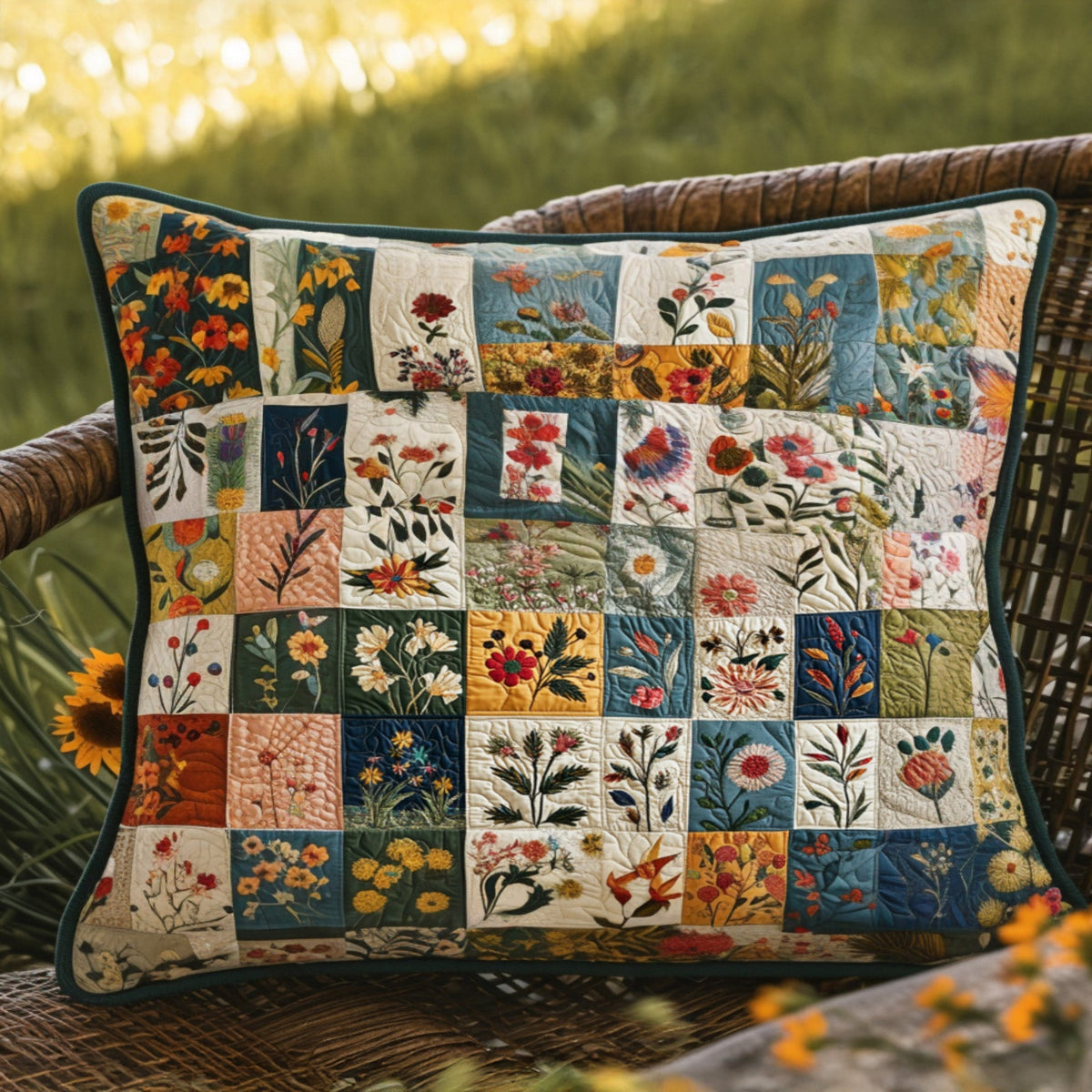Country Flower Squares quilted pillowcase – embroidered flowers in patchwork squares
