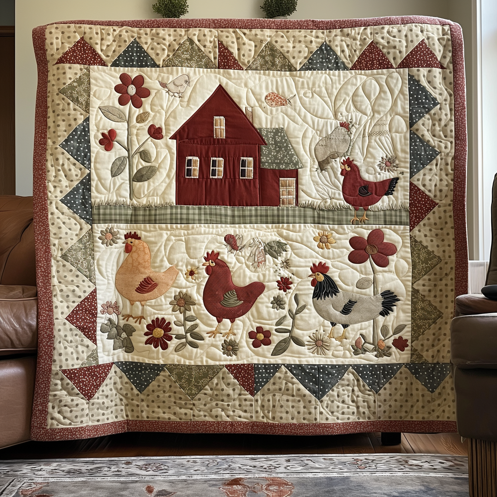 Country Hens and Barn quilted throw – hens and a red barn on cream