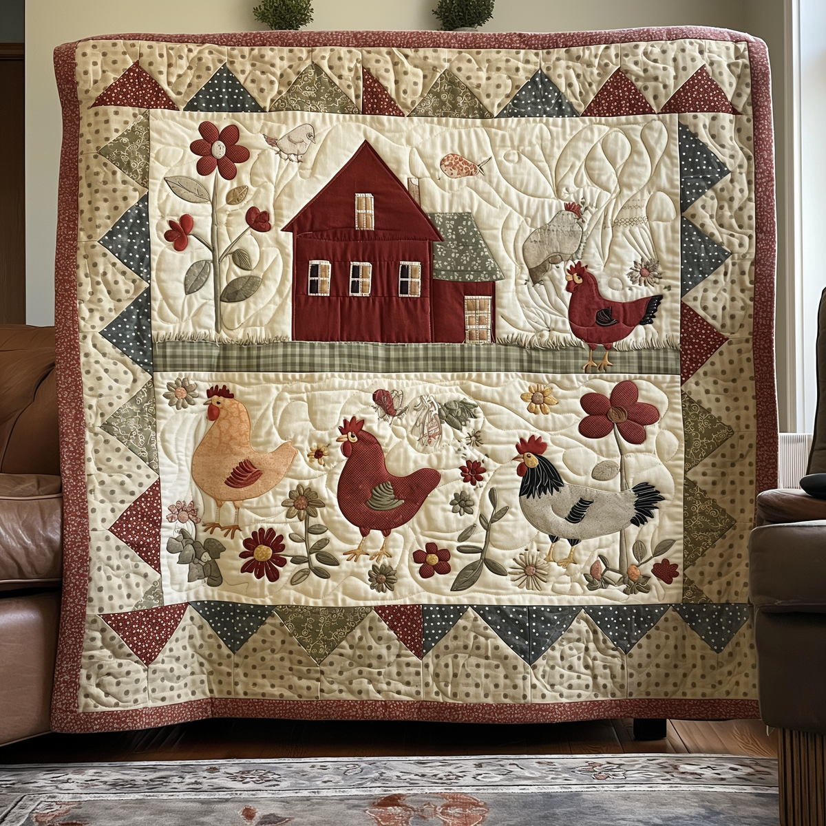 Country Hens and Barn quilted throw – hens and a red barn on cream