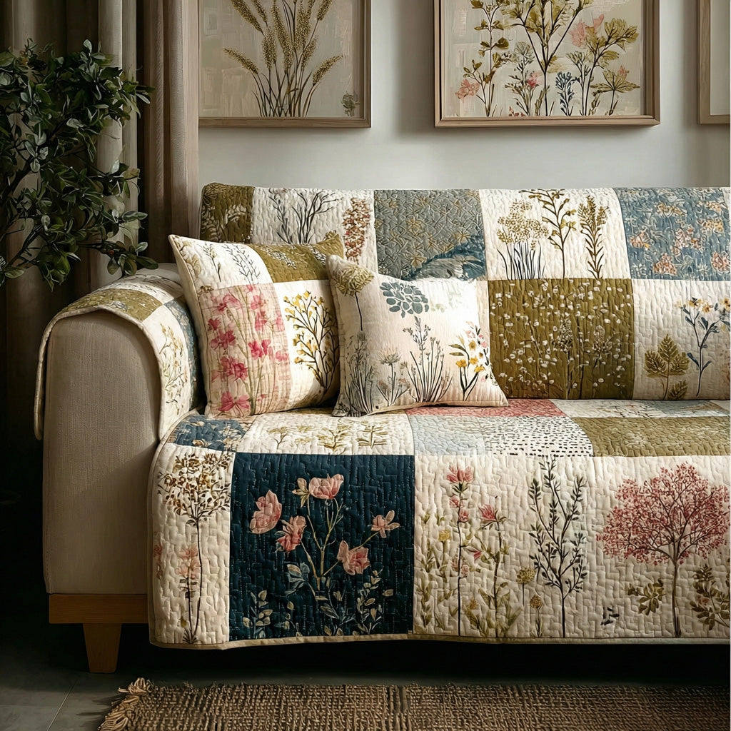 Country Blossom quilted sofa cover with botanical panels of poppies, grasses and seed heads in olive, navy, cream and soft pink