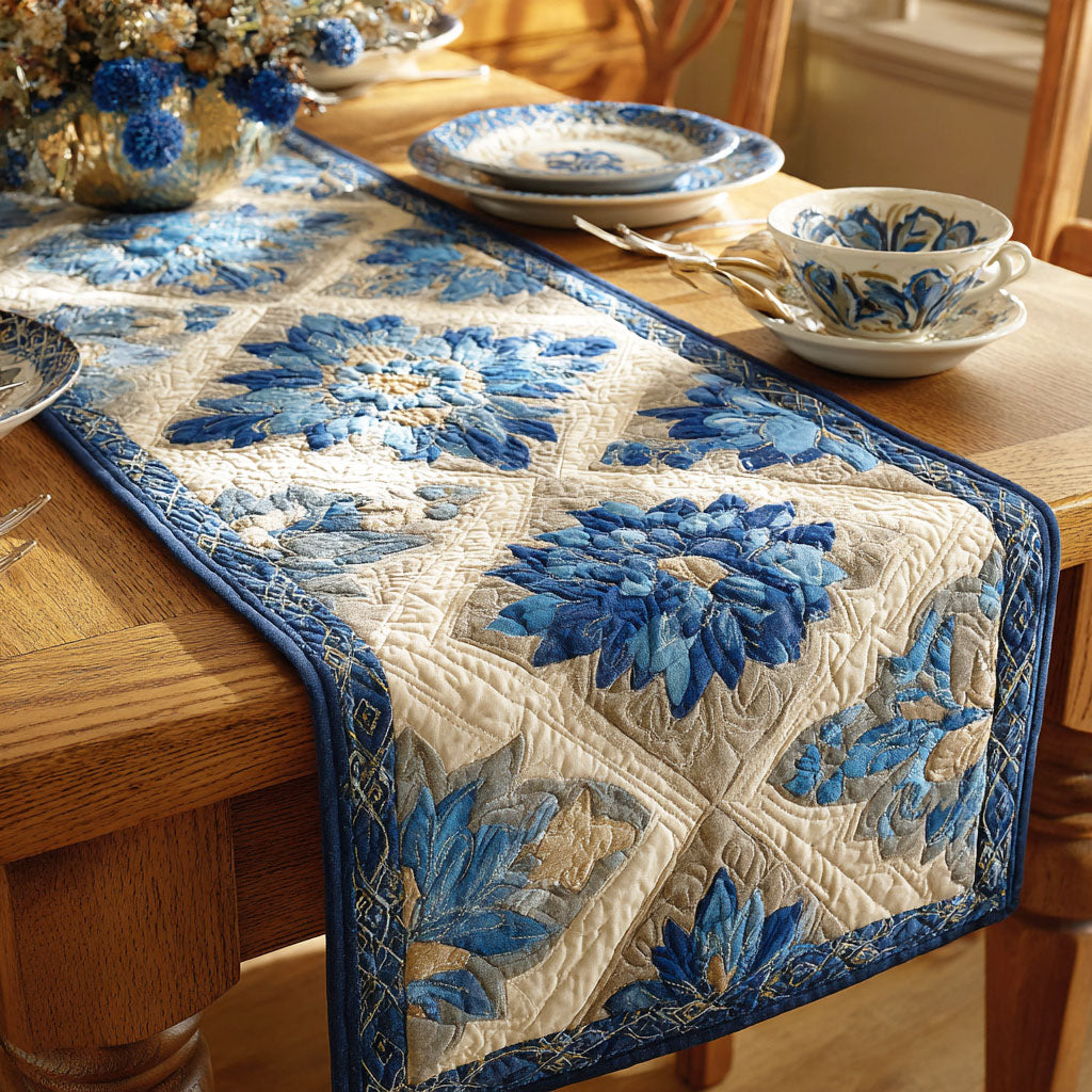Blue Blossom Diamonds quilted table runner – blue blossoms in diamonds