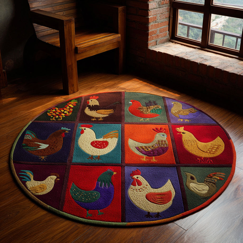 Country Dawn round rug – hen patchwork