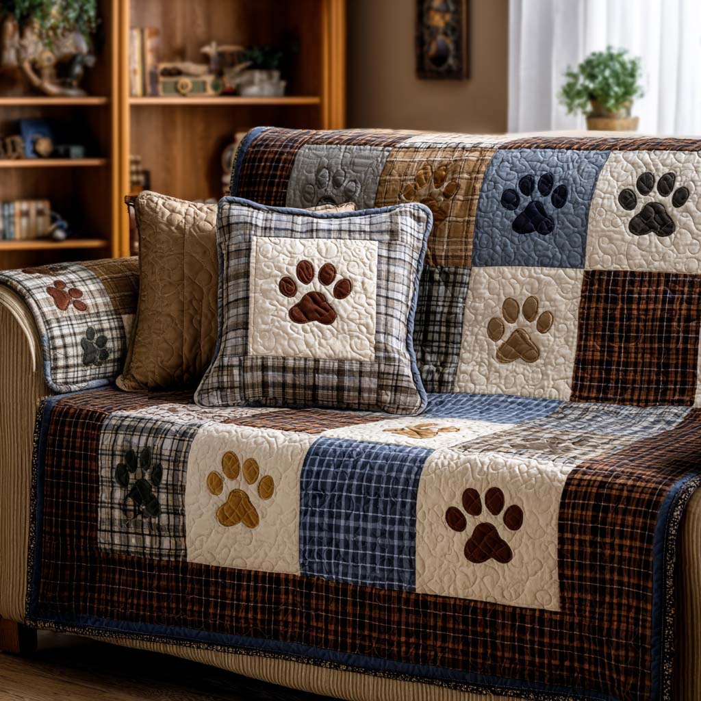 Country Paw Patchwork quilted sofa cover – paw prints in plaid patchwork