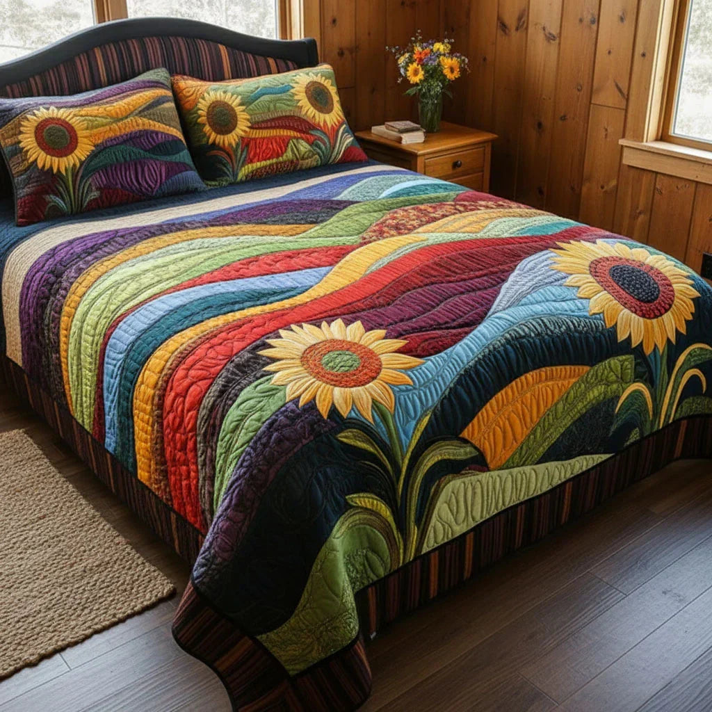 Two matching pillow shams from the Sunflower Field quilted bedspread set