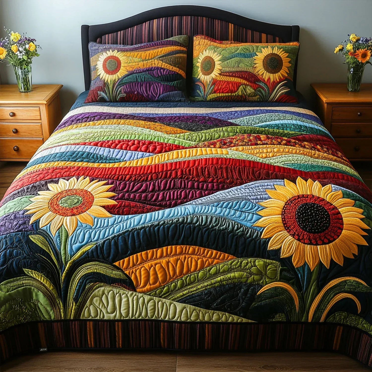 Quilted bedspread set with rows of open sunflowers in deep yellow and burnt orange, the Sunflower Field design