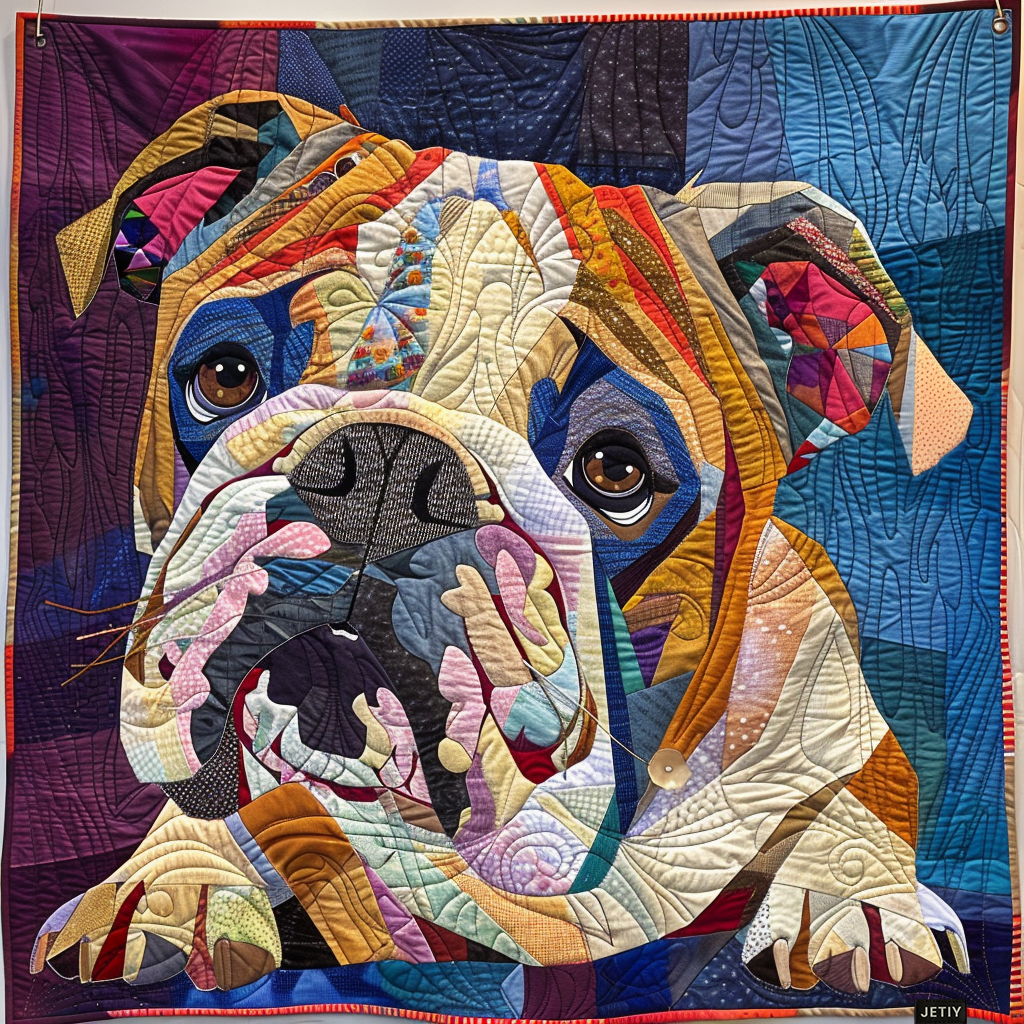 Patchwork Bulldog Portrait quilted throw – bulldog resting in soft patchwork colour