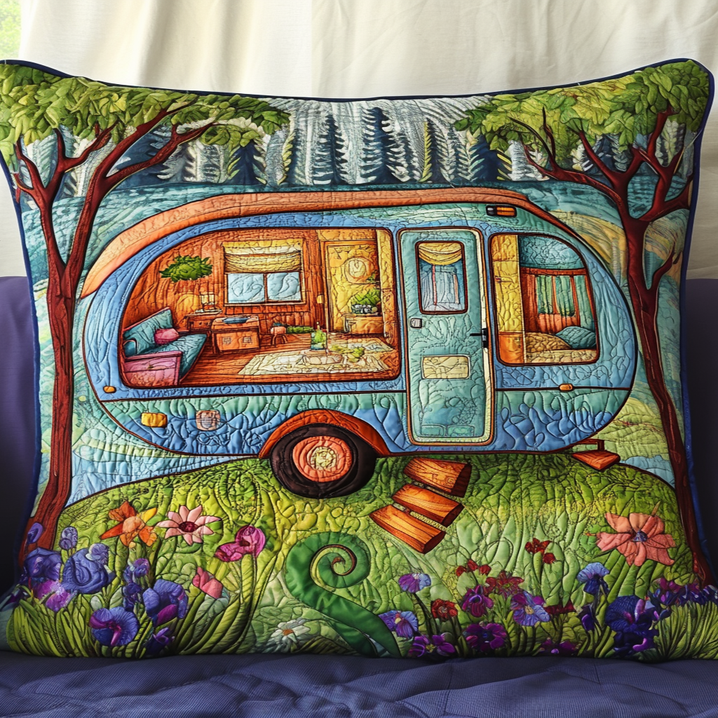 Woodland Caravan quilted pillowcase – vintage caravan in a wildflower meadow