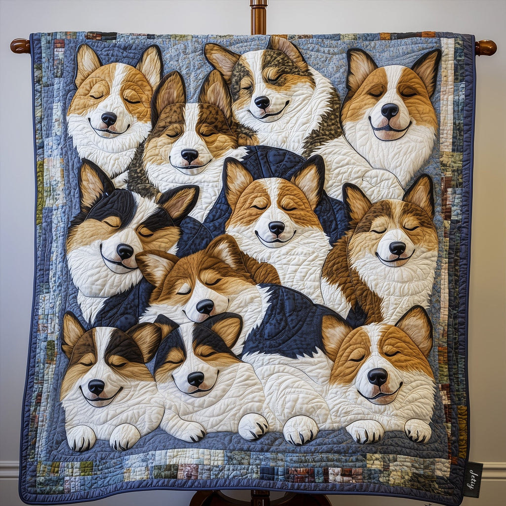 Sleepy Corgis quilted throw – sleepy Corgis snuggled on blue