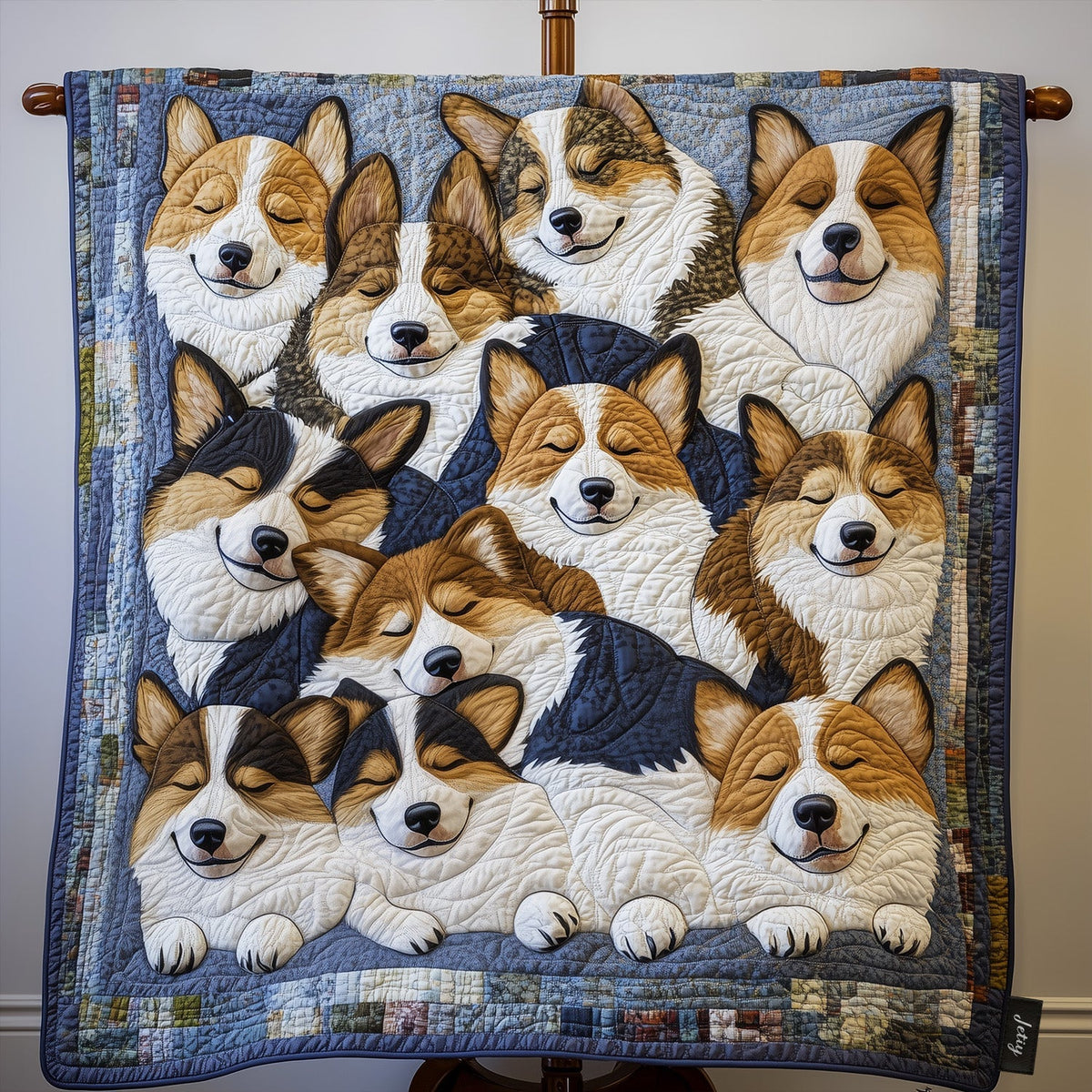 Sleepy Corgis quilted throw – sleepy Corgis snuggled on blue