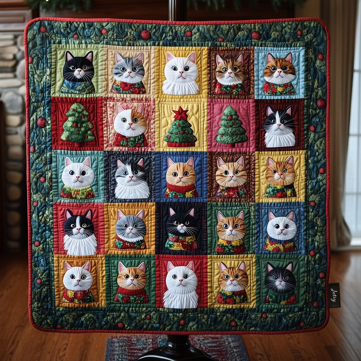 Christmas Cat Squares quilted throw – cats and Christmas trees in colourful squares