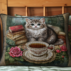 Kitten and Teacup quilted pillowcase – grey kitten on books beside a cup of tea