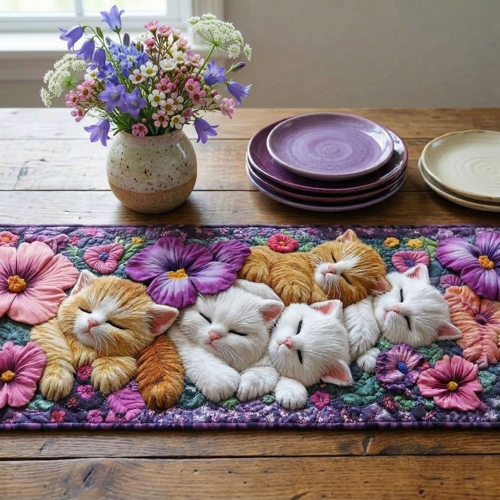 Quilted Table Runner - Kittens in Petunias – view 2