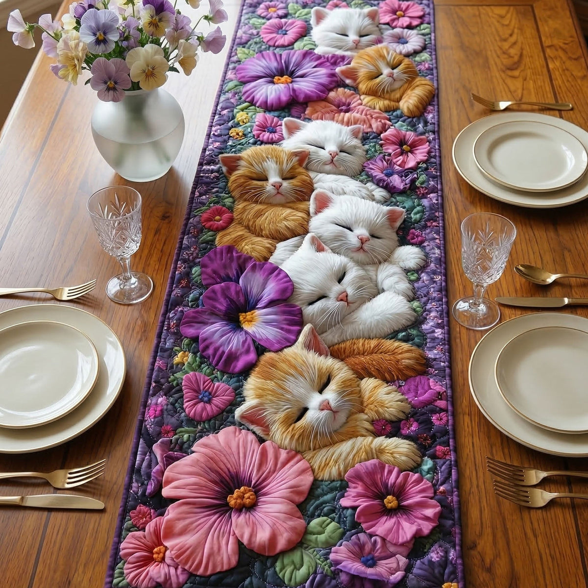 Quilted Table Runner - Kittens in Petunias – view 4