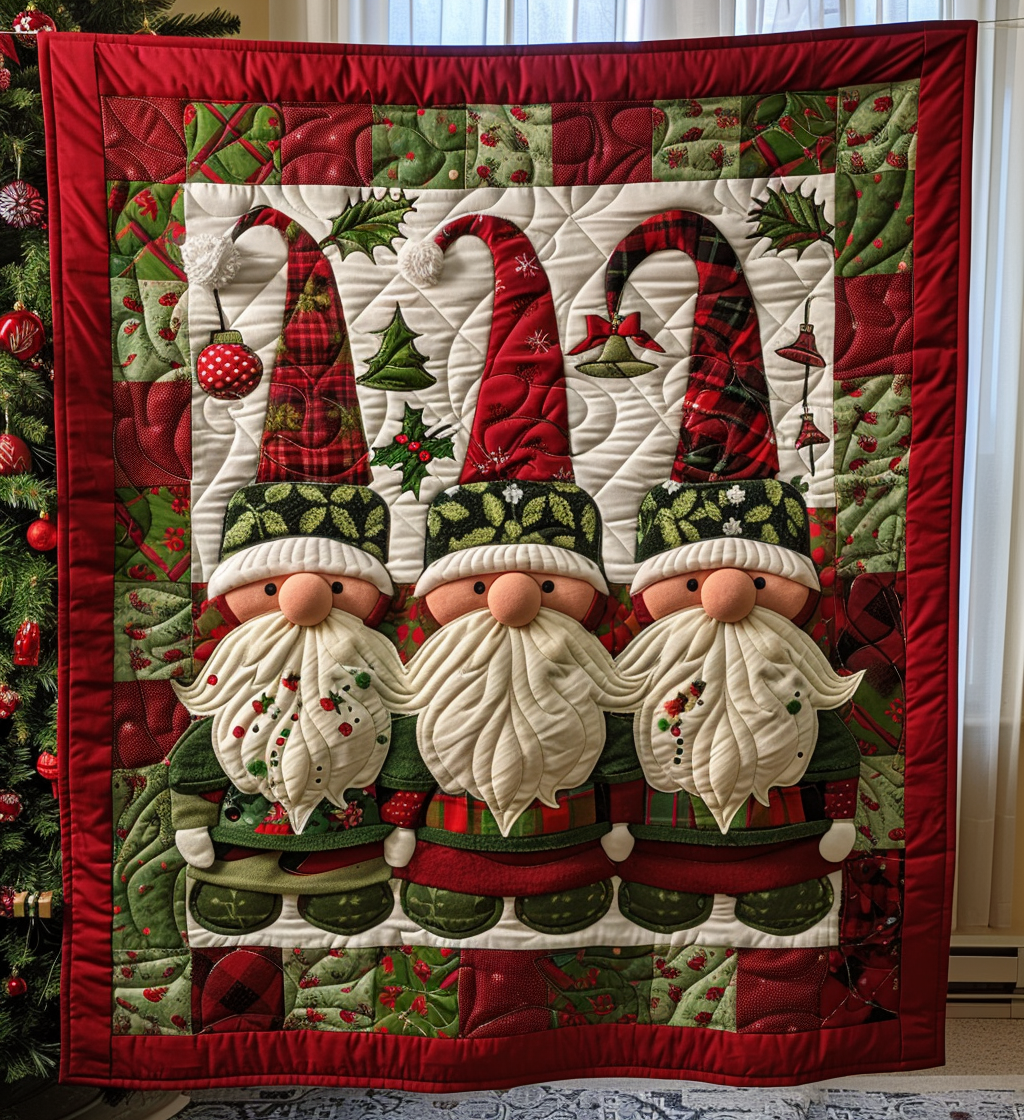 Christmas Gnomes quilted throw – three bearded gnomes in tall hats