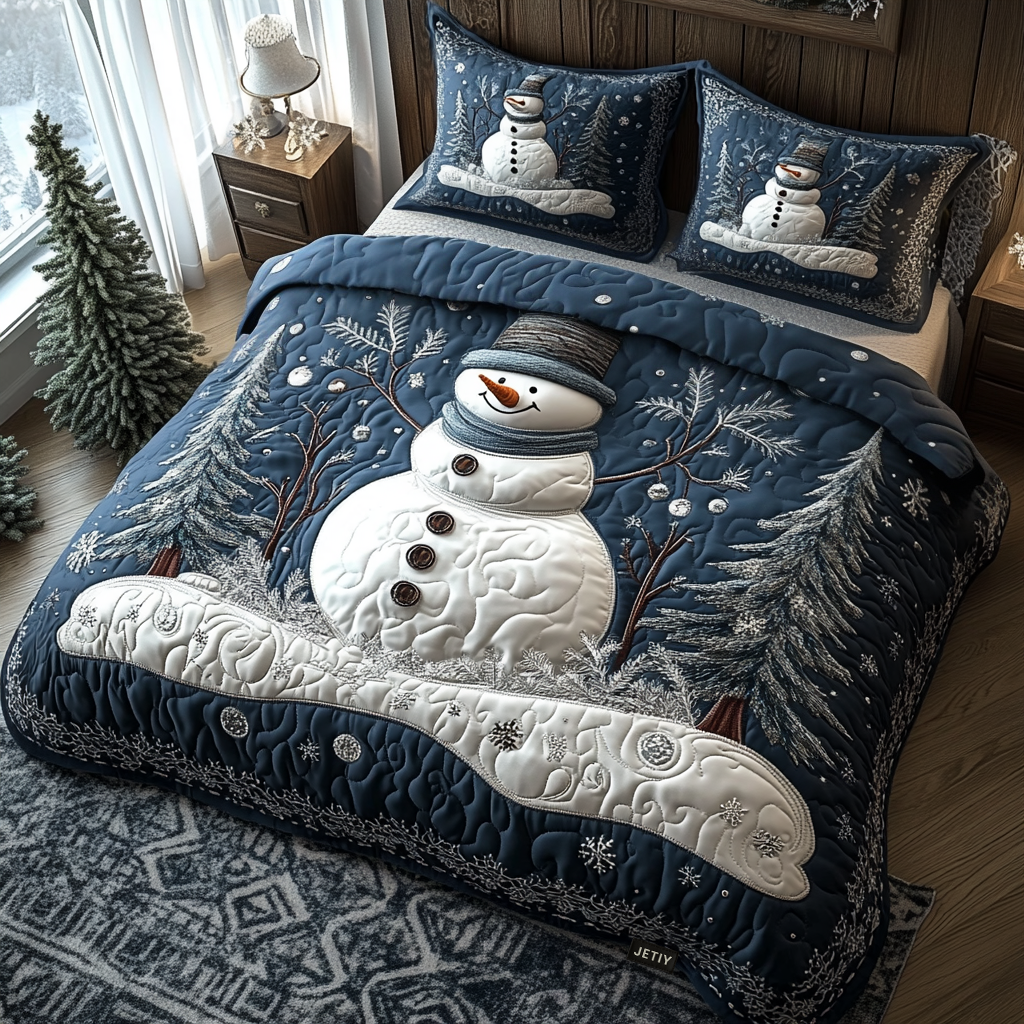 Snowman Night quilted bedspread set – snowman in a snowy field under a starry sky