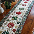 Bauble Trail quilted table runner – baubles and snowflakes on cream