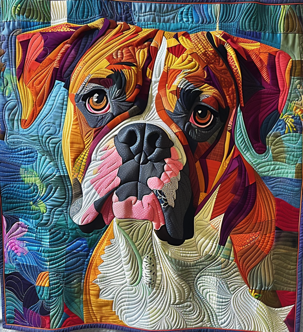 Painted Boxer quilted throw – boxer face in bold patchwork colour