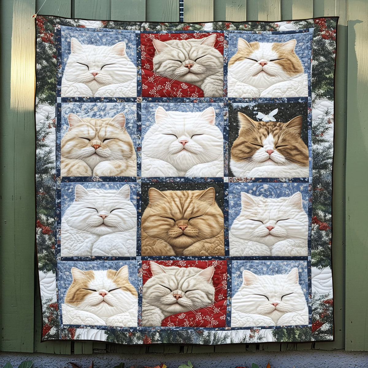 Fluffy Cat Faces quilted throw – fluffy cat faces in patchwork squares