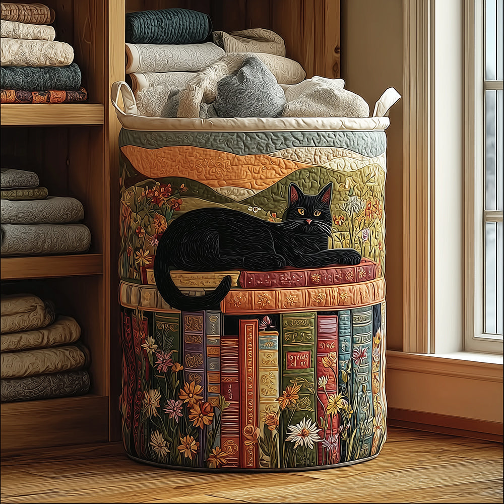 Quilted laundry basket with a Cosy Cat design of a round cat curled up asleep nose to tail on a soft cream ground, with wave stitching and carry handles