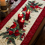 Candlelight Cardinal quilted table runner – candles and a cardinal with holly