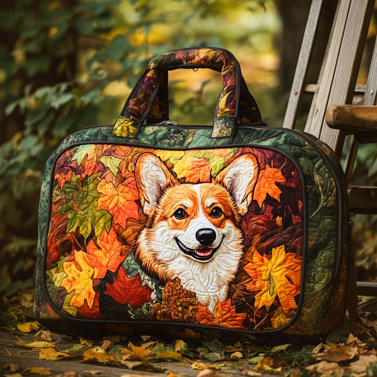 Cosy Autumn Corgi quilted weekend bag – corgi in leaves