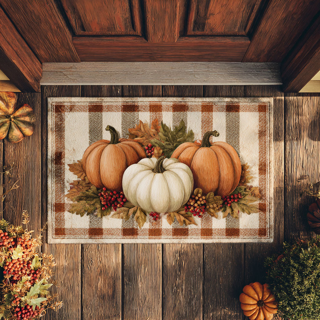Warm Autumn Pumpkins doormat – pumpkins on plaid