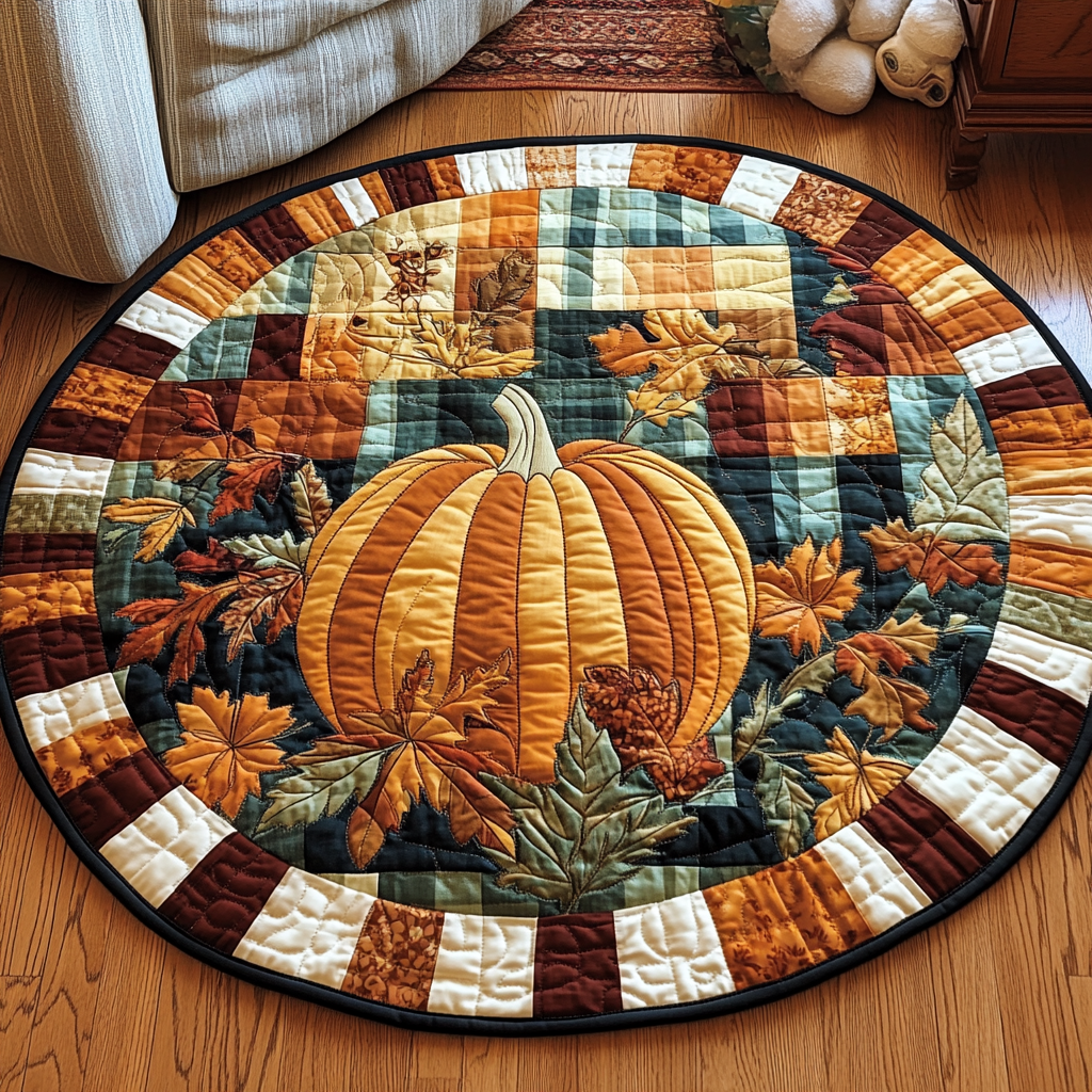 Pumpkin Plaid Patch round quilted mat – pumpkin on plaid